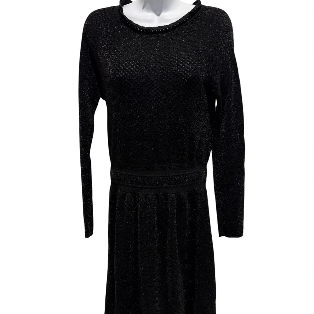 TORY BURCH Isabelle Long Sleeve Metallic Fit & Flare Dress Black Size Small
